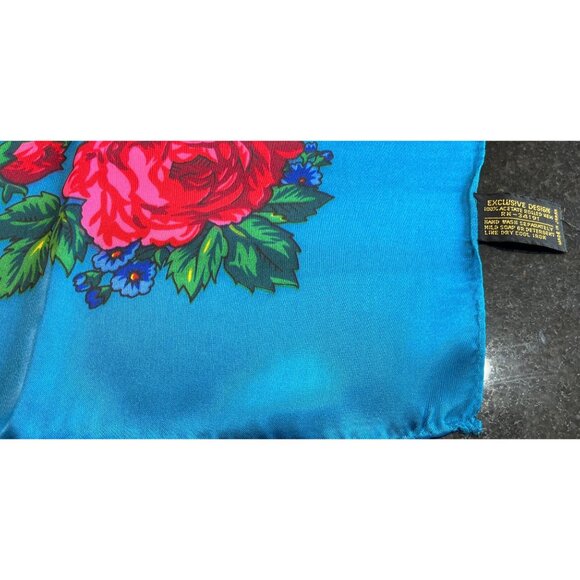 Vintage Scarf Blue Red Pink Floral Design Handmade 100% Acetate Rolled Hem NWOT - Picture 4 of 10